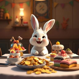 At a dining table, a cute small white rabbit sits happily in front of a pile of shiny gold coins and an array of delicious foods such as colorful fruits, cakes, and treats