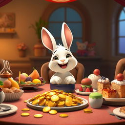 At a dining table, a cute small white rabbit sits happily in front of a pile of shiny gold coins and an array of delicious foods such as colorful fruits, cakes, and treats