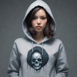 A stylish girl wearing a hoodie with an ominous skull design, inspired by the artistic styles of Krenz Cushart, Stanley Artgerm Lau, Wenjun Lin, Olchas, Logan Cure Liang Xing, Loish, Masayoshi Suto and Affable. The artwork should exude a powerful feminine charm.