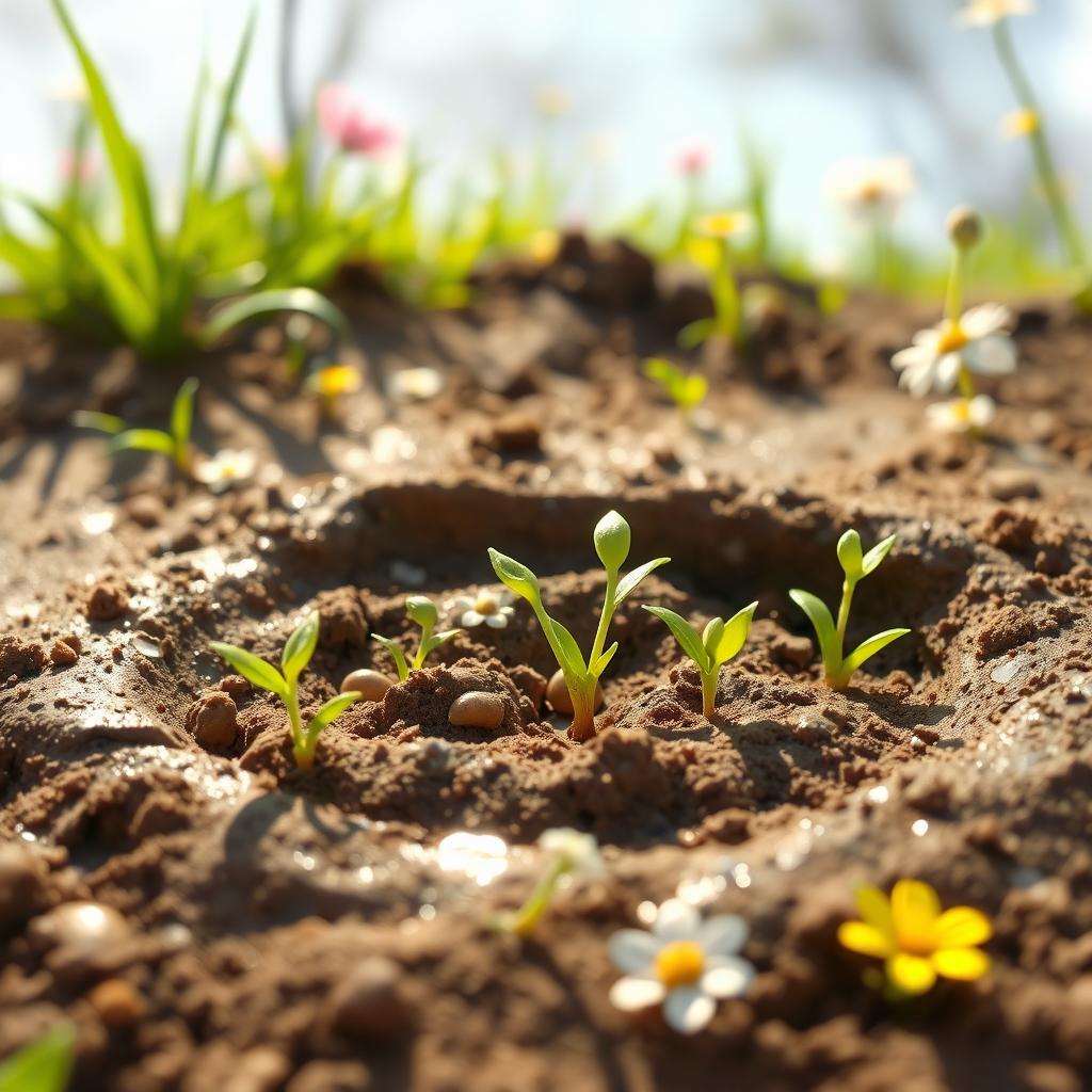 In a bright and cheerful spring setting, several small seeds are beginning to sprout in a muddy patch, with tiny green shoots emerging from the soil