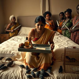 A concerned, crying young Indian lady with visible cuts and bruises kneeling on a very large bed, holding a tray that features a small intricately designed snake statue, a bottle of oil, and a hollow wide plastic tube