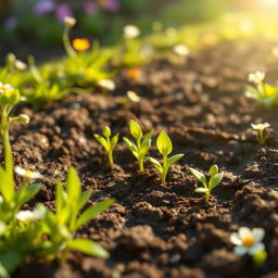 In a bright and cheerful spring setting, several small seeds are beginning to sprout in a muddy patch, with tiny green shoots emerging from the soil