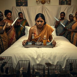 A concerned, crying young Indian lady with visible cuts and bruises kneeling on a very large bed, holding a tray that features a small intricately designed snake statue, a bottle of oil, and a hollow wide plastic tube