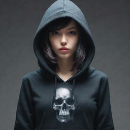 A stylish girl wearing a hoodie with an ominous skull design, inspired by the artistic styles of Krenz Cushart, Stanley Artgerm Lau, Wenjun Lin, Olchas, Logan Cure Liang Xing, Loish, Masayoshi Suto and Affable. The artwork should exude a powerful feminine charm.