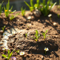 In a bright and cheerful spring setting, several small seeds are beginning to sprout in a muddy patch, with tiny green shoots emerging from the soil