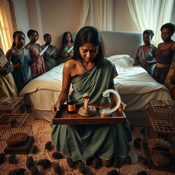 A concerned, crying young Indian lady with visible cuts and bruises kneeling on a very large bed, holding a tray that features a small intricately designed snake statue, a bottle of oil, and a hollow wide plastic tube