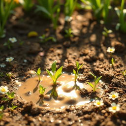 In a bright and cheerful spring setting, several small seeds are beginning to sprout in a muddy patch, with tiny green shoots emerging from the soil