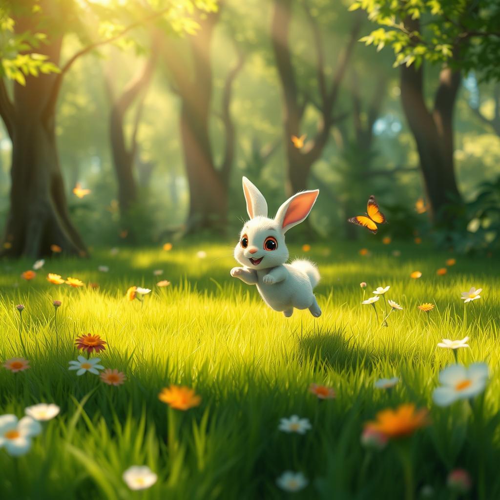 In a vibrant green forest, a cute small white rabbit joyfully hops and bounces across a lush grassy meadow