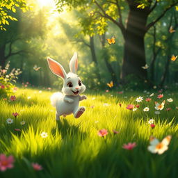 In a vibrant green forest, a cute small white rabbit joyfully hops and bounces across a lush grassy meadow