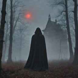 Visualize an eerie, spine-chilling scene set in a dense, ominous forest, under a stormy sky. A spectral figure shrouded in a cloak, with glowing red eyes, looms in the fog. In the distance, a derelict mansion silhouetted against the moon adds to the dread.