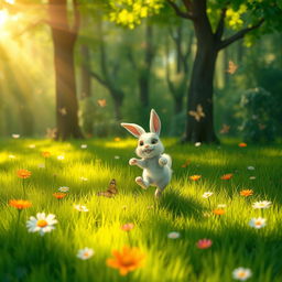 In a vibrant green forest, a cute small white rabbit joyfully hops and bounces across a lush grassy meadow