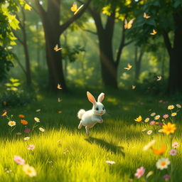 In a vibrant green forest, a cute small white rabbit joyfully hops and bounces across a lush grassy meadow