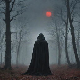 Visualize an eerie, spine-chilling scene set in a dense, ominous forest, under a stormy sky. A spectral figure shrouded in a cloak, with glowing red eyes, looms in the fog. In the distance, a derelict mansion silhouetted against the moon adds to the dread.