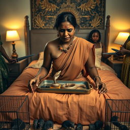 A concerned, crying Indian lady in her 30s, with visible cuts and bruises, kneeling on a very large bed