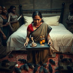 A concerned, crying Indian lady in her 30s, with visible cuts and bruises, kneeling on a very large bed