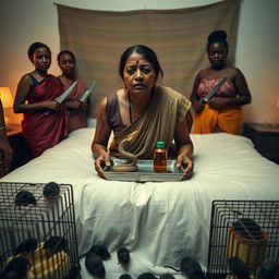 A concerned, crying Indian lady in her 30s, with visible cuts and bruises, kneeling on a very large bed