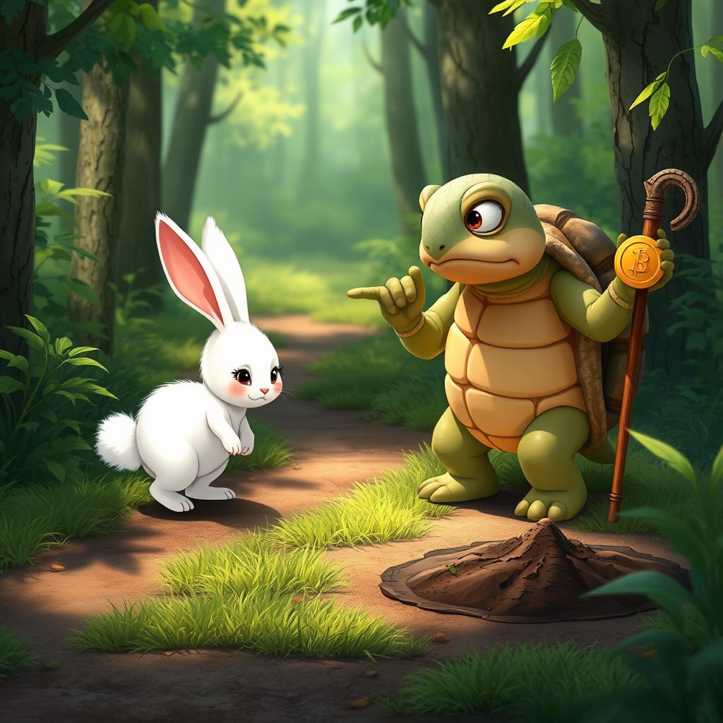 In a lush green forest, a cute small white rabbit walks along a forest path with a sad expression