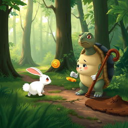 In a lush green forest, a cute small white rabbit walks along a forest path with a sad expression