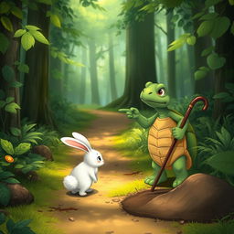 In a lush green forest, a cute small white rabbit walks along a forest path with a sad expression