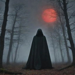 Visualize an eerie, spine-chilling scene set in a dense, ominous forest, under a stormy sky. A spectral figure shrouded in a cloak, with glowing red eyes, looms in the fog. In the distance, a derelict mansion silhouetted against the moon adds to the dread.