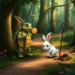 In a lush, vibrant forest, a cute small white rabbit walks along a winding forest path with a sad expression on its face