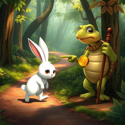 In a lush, vibrant forest, a cute small white rabbit walks along a winding forest path with a sad expression on its face