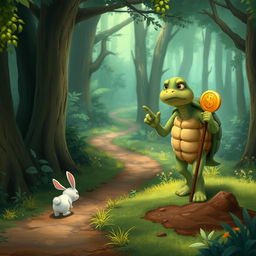 In a lush, vibrant forest, a cute small white rabbit walks along a winding forest path with a sad expression on its face