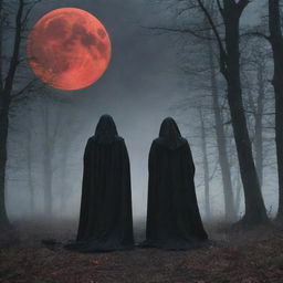 Visualize an eerie, spine-chilling scene set in a dense, ominous forest, under a stormy sky. A spectral figure shrouded in a cloak, with glowing red eyes, looms in the fog. In the distance, a derelict mansion silhouetted against the moon adds to the dread.