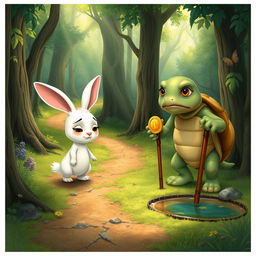 In a lush, enchanting forest, a cute small white rabbit wanders along a winding forest path with a sad expression on its face, ears drooping slightly