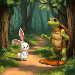 In a lush, enchanting forest, a cute small white rabbit wanders along a winding forest path with a sad expression on its face, ears drooping slightly