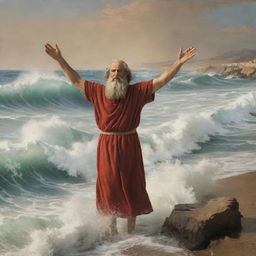 Depict Moses parting the waters of the Red Sea. He stands with arms raised, a powerful figure against the backdrop of towering waves held at bay, while the Israelites escape through the passage on the seabed.