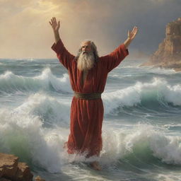 Depict Moses parting the waters of the Red Sea. He stands with arms raised, a powerful figure against the backdrop of towering waves held at bay, while the Israelites escape through the passage on the seabed.