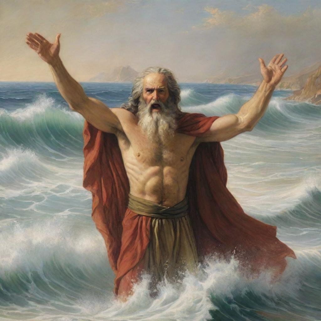 Depict Moses parting the waters of the Red Sea. He stands with arms raised, a powerful figure against the backdrop of towering waves held at bay, while the Israelites escape through the passage on the seabed.