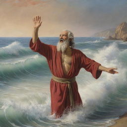 Depict Moses parting the waters of the Red Sea. He stands with arms raised, a powerful figure against the backdrop of towering waves held at bay, while the Israelites escape through the passage on the seabed.