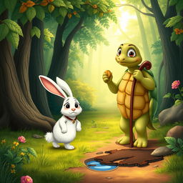 In a vibrant and enchanting forest, a cute small white rabbit walks along a forest path with a sad expression, its big eyes reflecting its emotions