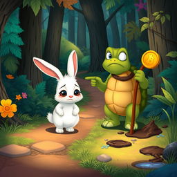 In a vibrant and enchanting forest, a cute small white rabbit walks along a forest path with a sad expression, its big eyes reflecting its emotions