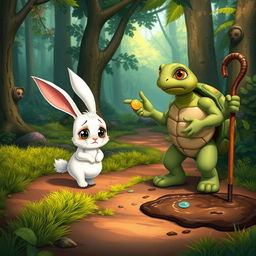 In a vibrant and enchanting forest, a cute small white rabbit walks along a forest path with a sad expression, its big eyes reflecting its emotions