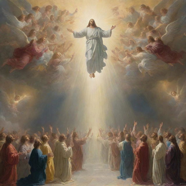 Depiction of the Second Coming of Christ. He descends from the heavens with a multitude of angels, surrounded by a divine glow and majesty, while onlookers gaze in awe, their gazes filled with faith and reverence.