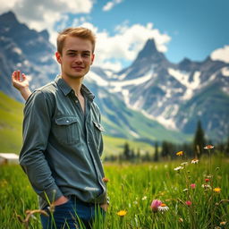 A realistic portrait of a young Russian man named Anatoly standing against the backdrop of majestic mountains and a lush meadow