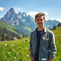 A realistic portrait of a young Russian man named Anatoly standing against the backdrop of majestic mountains and a lush meadow