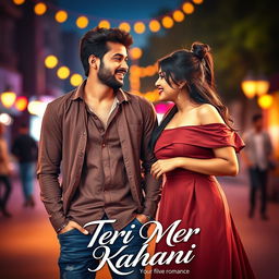 A romantic film poster titled 'Teri Meri Kahani' featuring an Indian man and a woman in modern, stylish outfits engaging in a joyful hangout