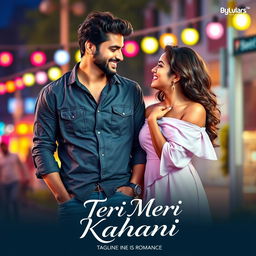 A romantic film poster titled 'Teri Meri Kahani' featuring an Indian man and a woman in modern, stylish outfits engaging in a joyful hangout
