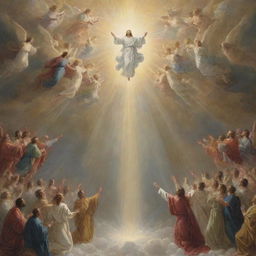 Depiction of the Second Coming of Christ. He descends from the heavens with a multitude of angels, surrounded by a divine glow and majesty, while onlookers gaze in awe, their gazes filled with faith and reverence.