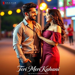 A romantic film poster titled 'Teri Meri Kahani' featuring an Indian man and a woman in modern, stylish outfits engaging in a joyful hangout