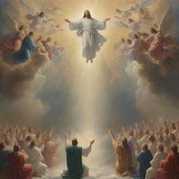 Depiction of the Second Coming of Christ. He descends from the heavens with a multitude of angels, surrounded by a divine glow and majesty, while onlookers gaze in awe, their gazes filled with faith and reverence.