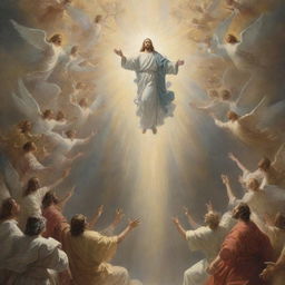 Depiction of the Second Coming of Christ. He descends from the heavens with a multitude of angels, surrounded by a divine glow and majesty, while onlookers gaze in awe, their gazes filled with faith and reverence.