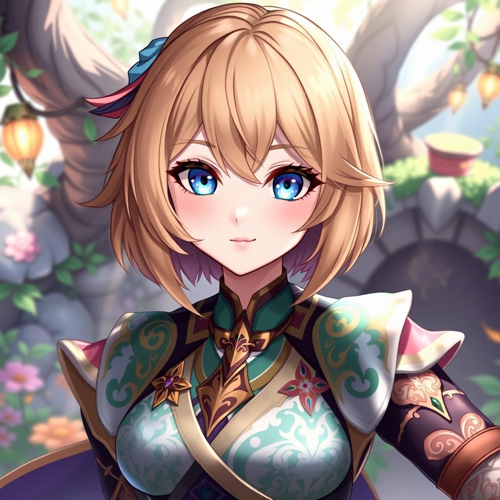 A female Genshin Impact character featuring an elongated bob hairstyle with light brown hair and a stylish side parting