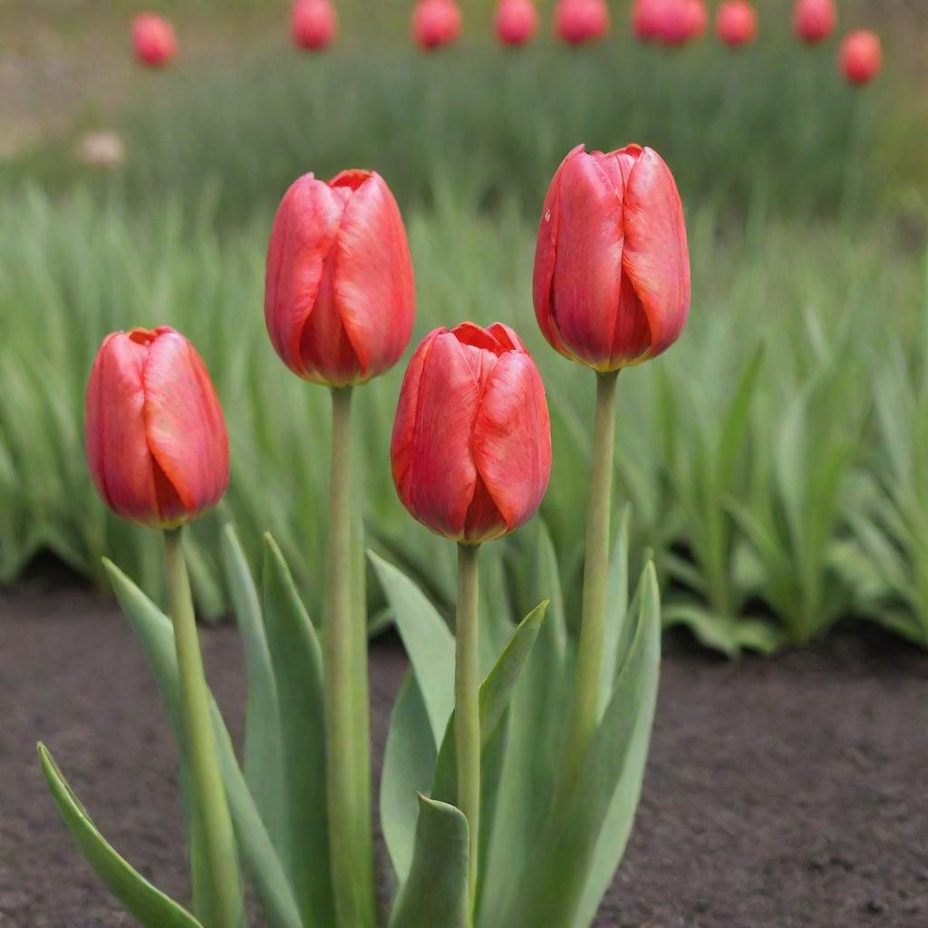 Six vibrant tulip flower buds about to bloom in a well-cared garden under a sunny sky.