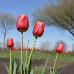 Six vibrant tulip flower buds about to bloom in a well-cared garden under a sunny sky.