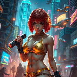 A petite redhaired female cyberpunk techie in a striking gold bikini, immersed in an intense battle scene